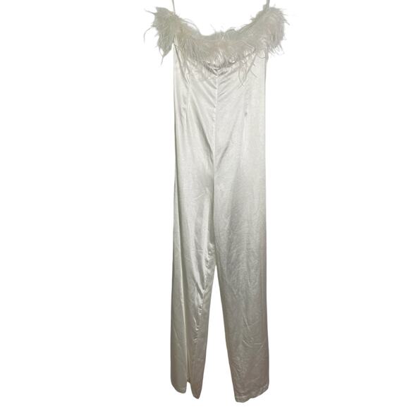 Lovers & Friends Moira Feather Trim Jumpsuit Strapless Wide Leg Satin White Sz M - Picture 3 of 12